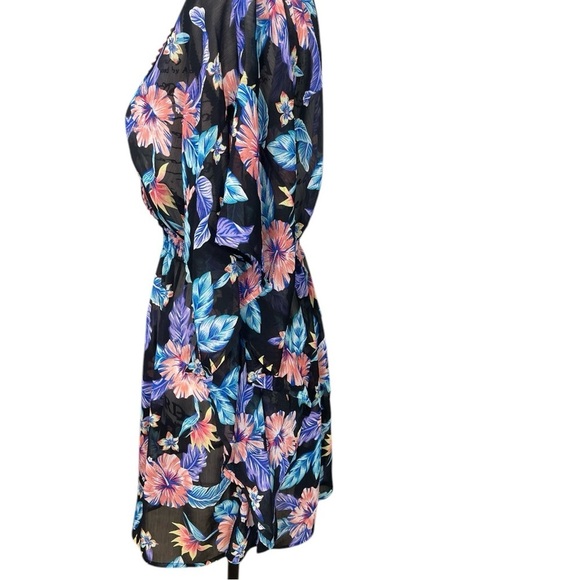 Miken Swim Floral Kimono Cover-Up Swim Elastic Waist Size Medium Black/Purple - Picture 7 of 11